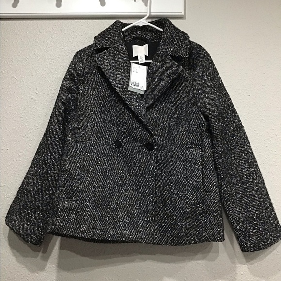 NWT H&M Women’s Short Pea Coat Double-Breasted Twill Jacket Gray Black Size S - Picture 1 of 5